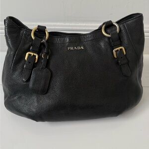 Prada Black Leather Shoulder Bag with Gold Accents